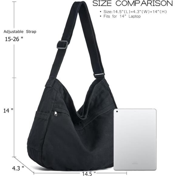 Canvas Shoulder Bag for Women Black - Picture 4 of 6